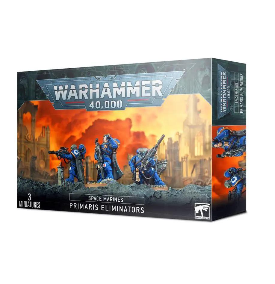 Space Marines: Eliminators from Warhammer 40K, detailed miniatures with sniper rifles and armor in a dynamic pose.