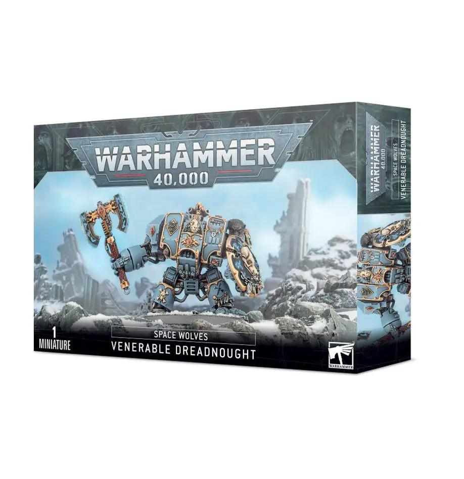Detailed image of Warhammer 40,000 Space Wolves Venerable Dreadnought miniature, showcasing armor and weapon details.