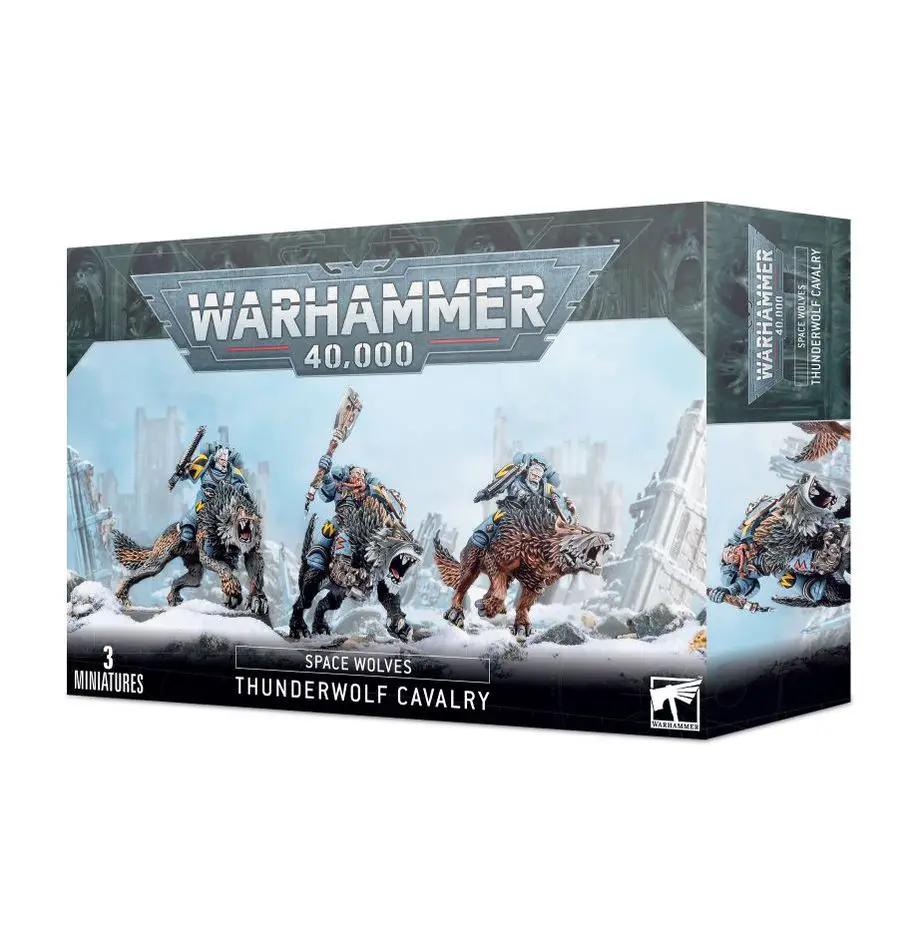 Warhammer 40,000 Space Wolves Thunderwolf Cavalry miniature with detailed armor and wolves, ready for tabletop gaming.