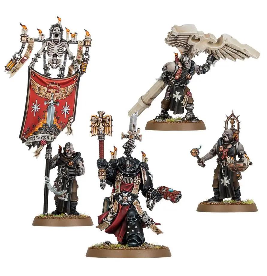 Chaplain Grimaldus with retinue, detailed miniature model from Warhammer 40k tabletop game, painted and posed for display.