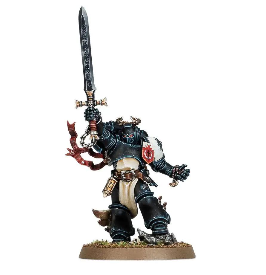Black Templars Emperor's Champion miniature by THE MIGHTY HOBBY SHOP, detailed lead figure in black armor with heraldry.