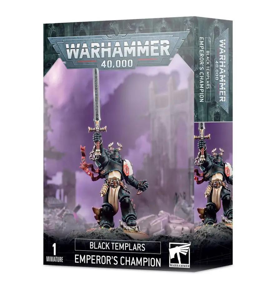 Black Templars Emperor's Champion miniature from Warhammer 40K, detailed figure with armor and sword, used for tabletop gaming.