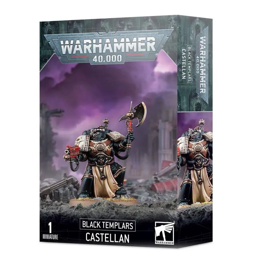Black Templars Castellan miniature from Warhammer 40K, detailed sci-fi armor and armor weapons, on a display base.