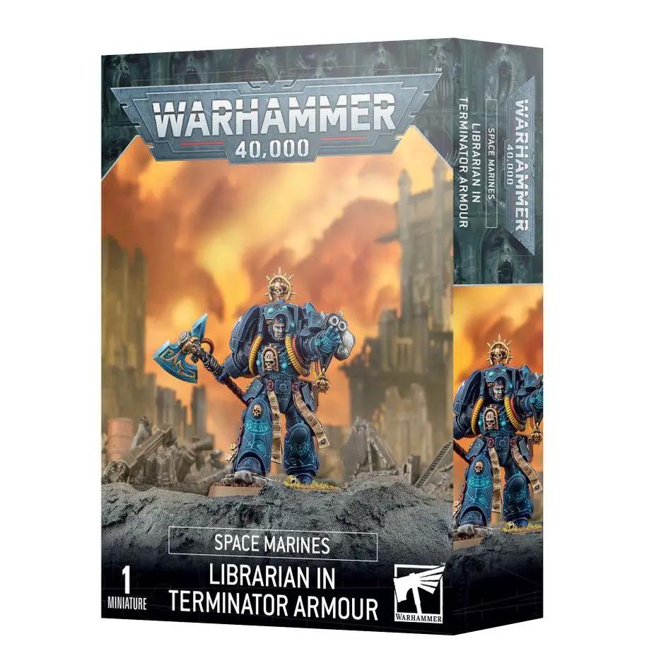 Librarian in Terminator armor from Warhammer 40K, detailed space marine with power armor and helmet, standing ready for battle.