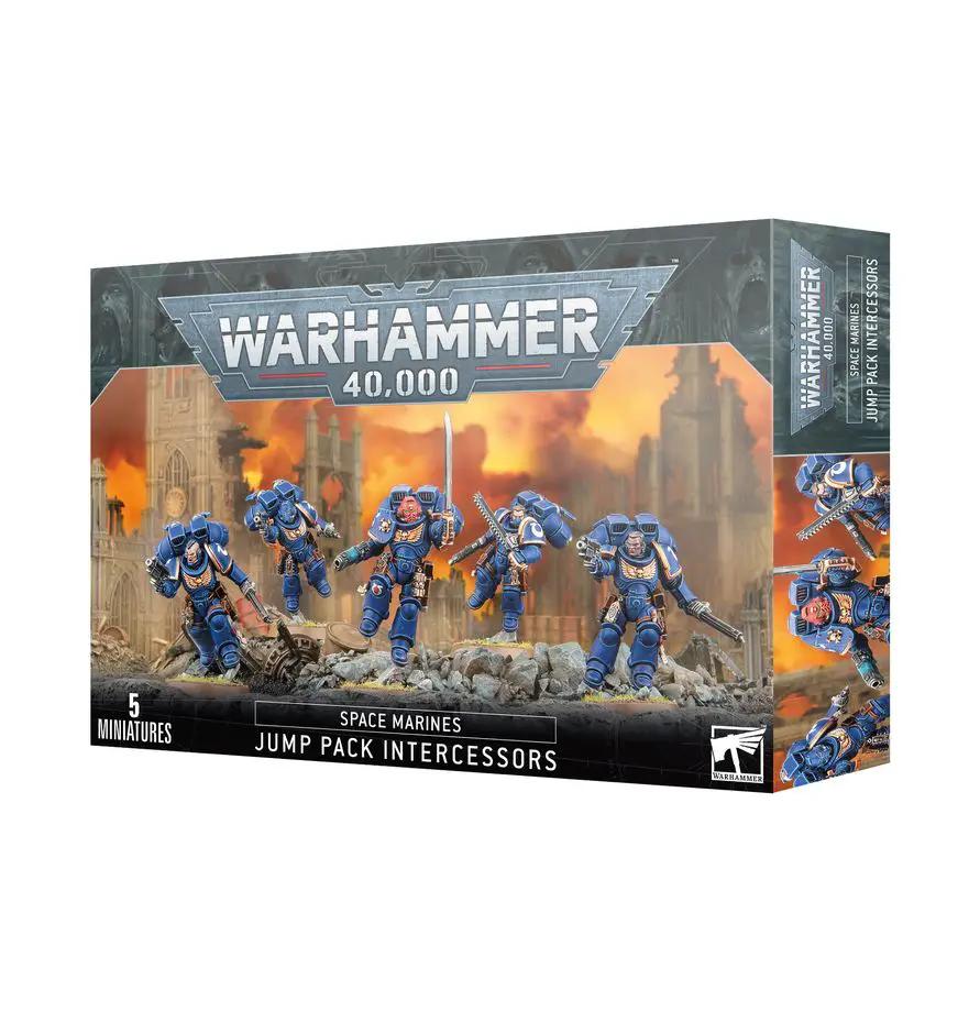 Space Marines Assault Intercessors with Jump Packs from THE MIGHTY HOBBY SHOP, armed and ready in detailed armor.