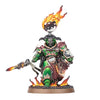 Salamanders Space Marine figure Vulkan He'stan miniatures from Warhammer 40K, detailed armor and weaponry, painted for tabletop gaming.