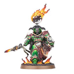 Salamanders Space Marine figure Vulkan He'stan miniatures from Warhammer 40K, detailed armor and weaponry, painted for tabletop gaming.