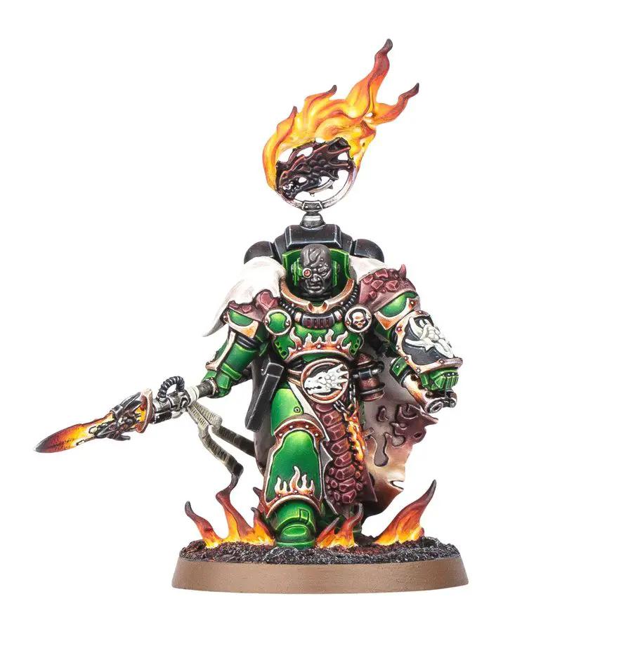 Salamanders Space Marine figure Vulkan He'stan miniatures from Warhammer 40K, detailed armor and weaponry, painted for tabletop gaming.