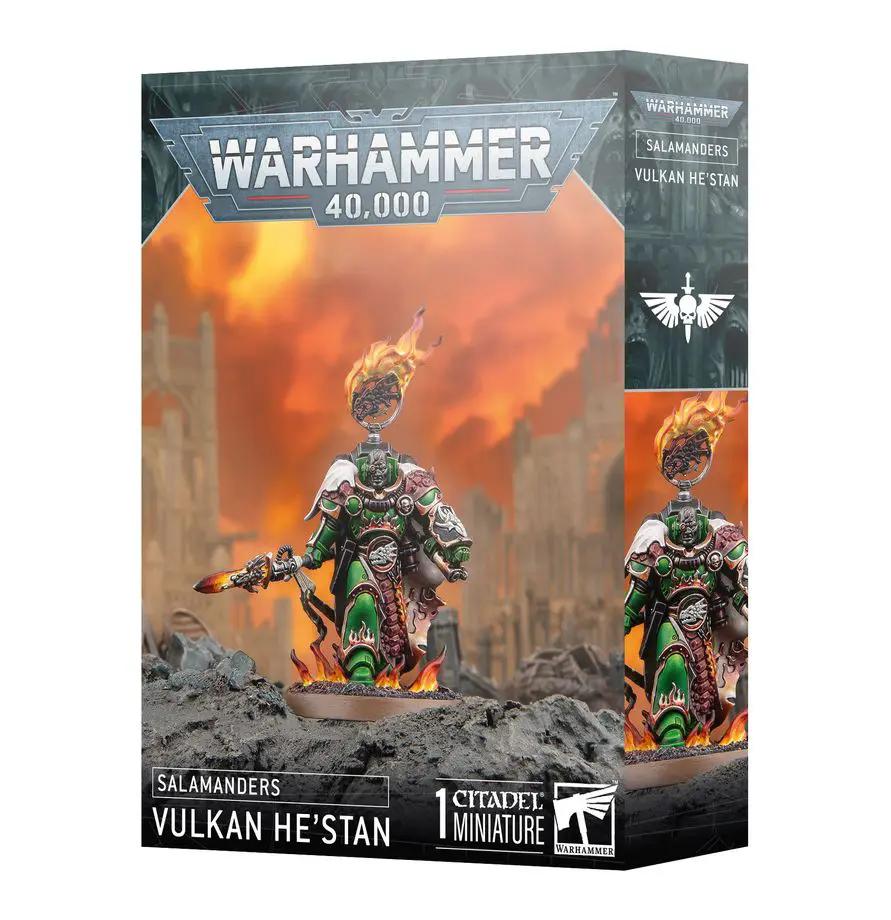 Salamanders Space Marine Vulkan He'stan miniature figure from Warhammer 40K, detailed with green armor and weaponry.