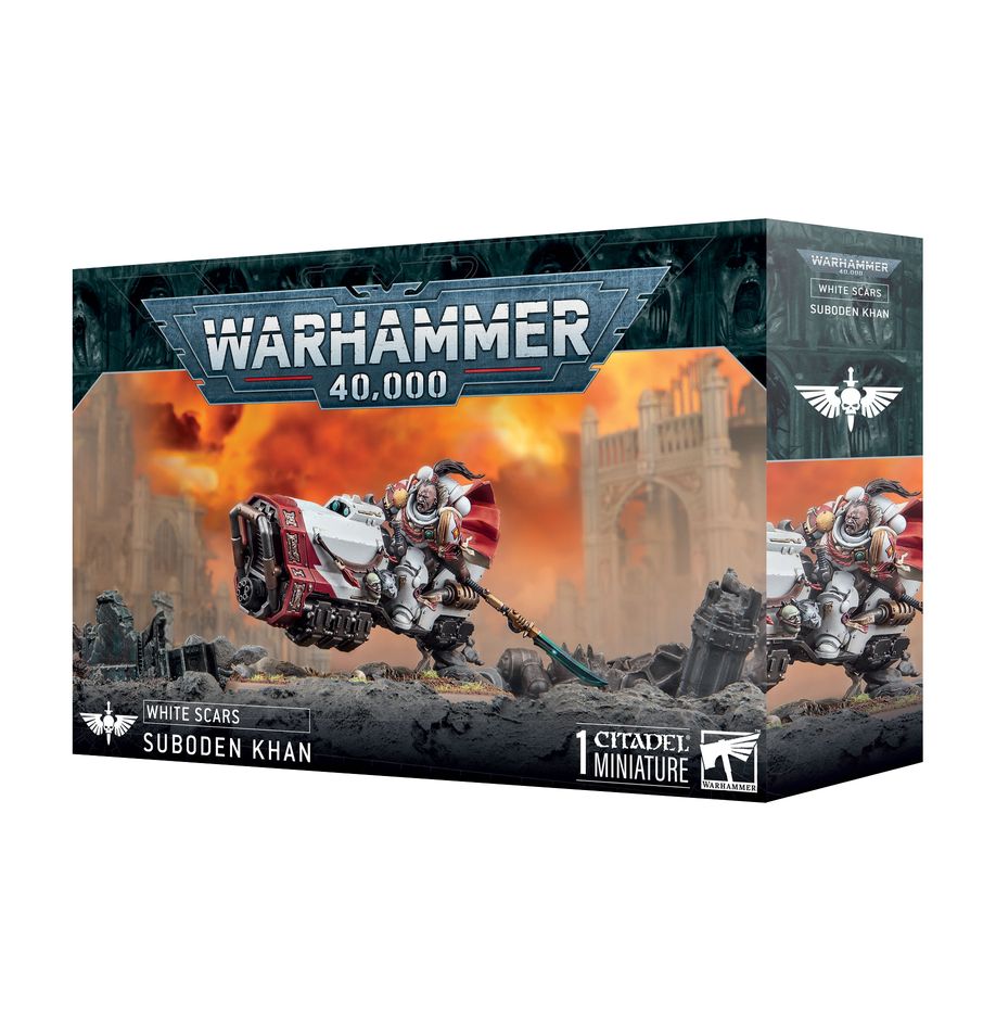 White Scars Warhammer 40,000 Space Marine Suboden Khan action figure from THE MIGHTY HOBBY SHOP, detailed pose with armor.