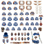 Ultramarines Space Marine upgrades and transfer sheet with detailed decals and markings for tabletop gaming.