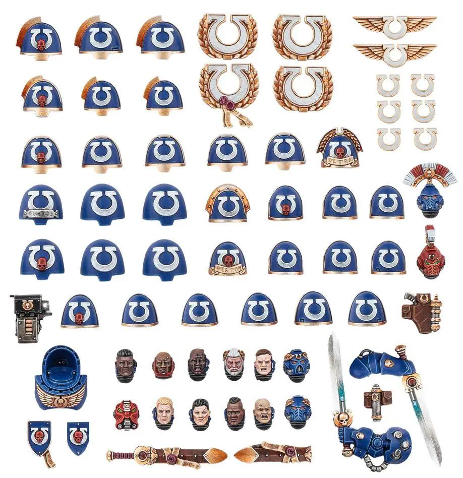 Ultramarines Space Marine upgrades and transfer sheet with detailed decals and markings for tabletop gaming.