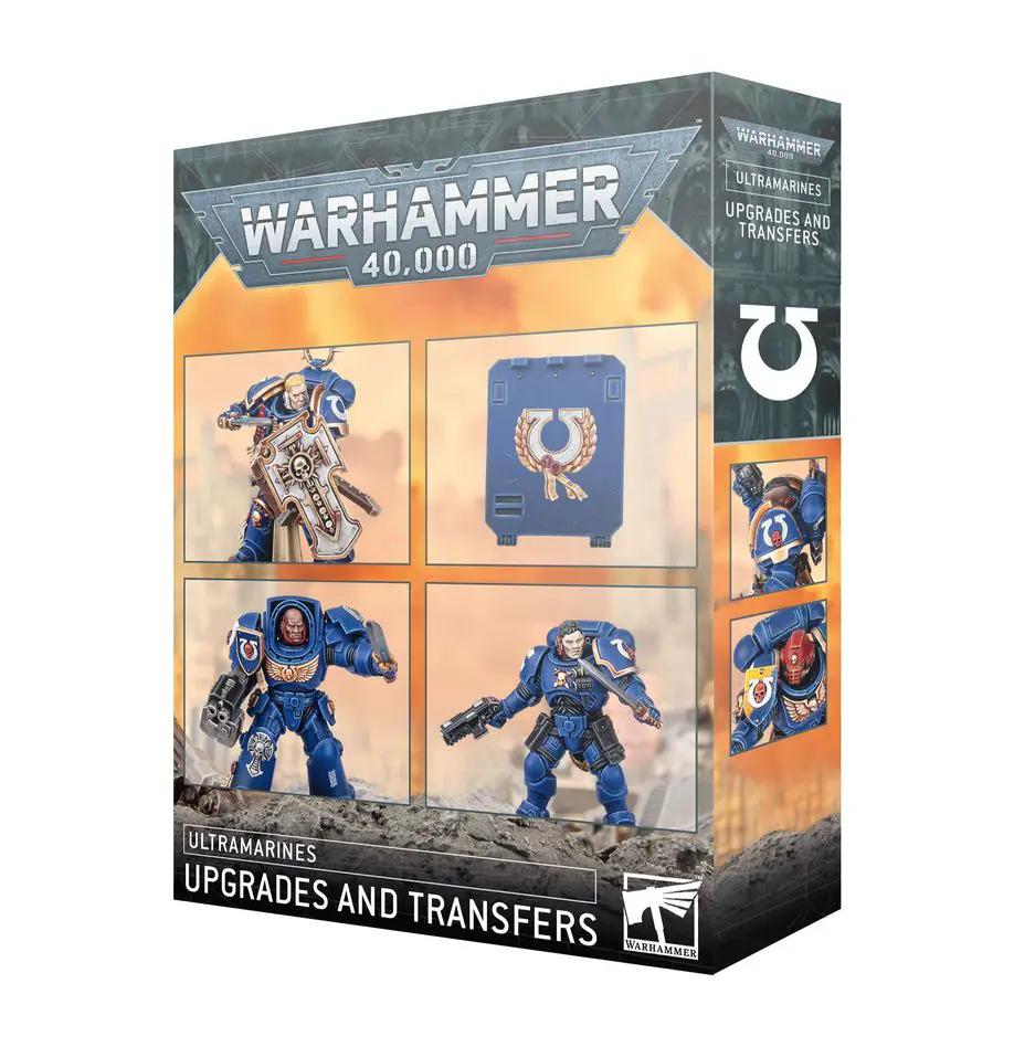 Ultramarines Space Marine upgrades and transfer sheet with detailed decals and markings for miniature customization.