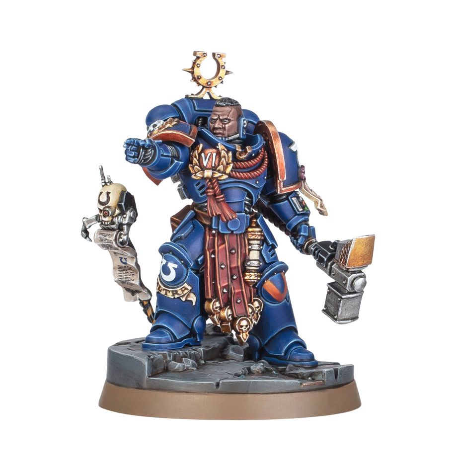 Ultramarines Warhammer 40,000 Ferren Areios miniature from THE MIGHTY HOBBY SHOP, featuring Ultramarine captain in detailed armor.