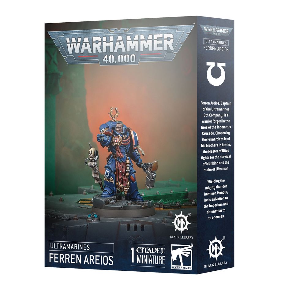 Ultramarines Warhammer 40,000 Ferren Areios miniature, detailed Ultramarine captain model from Warhammer 40K series.