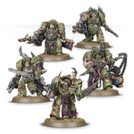Death Guard Blightlord Terminators from Warhammer 40,000, detailed miniatures with armor and weapons, posed for battle.