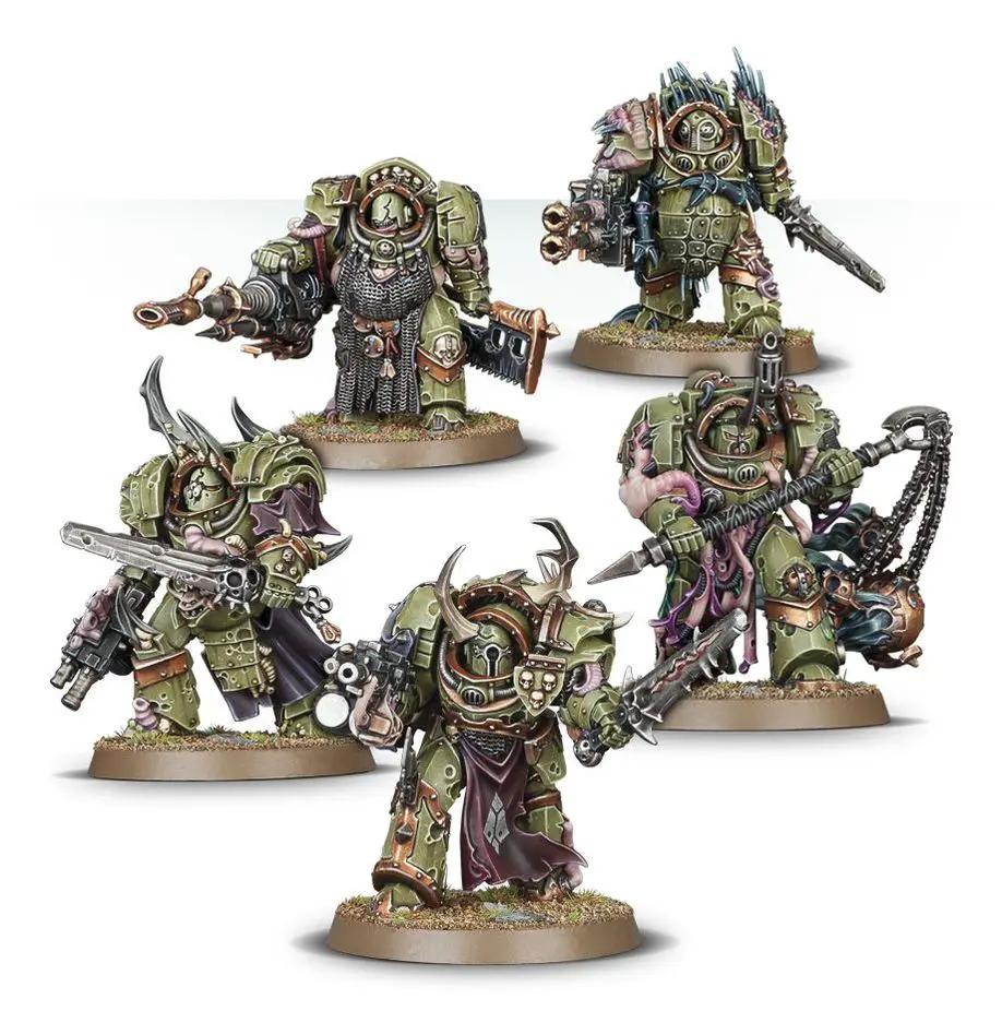 Death Guard Blightlord Terminators from Warhammer 40,000, detailed miniatures with armor and weapons, posed for battle.
