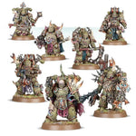 Warhammer 40,000 Death Guard Plague Marines miniatures with green armor, detailed weapons, and plague-themed armor details.
