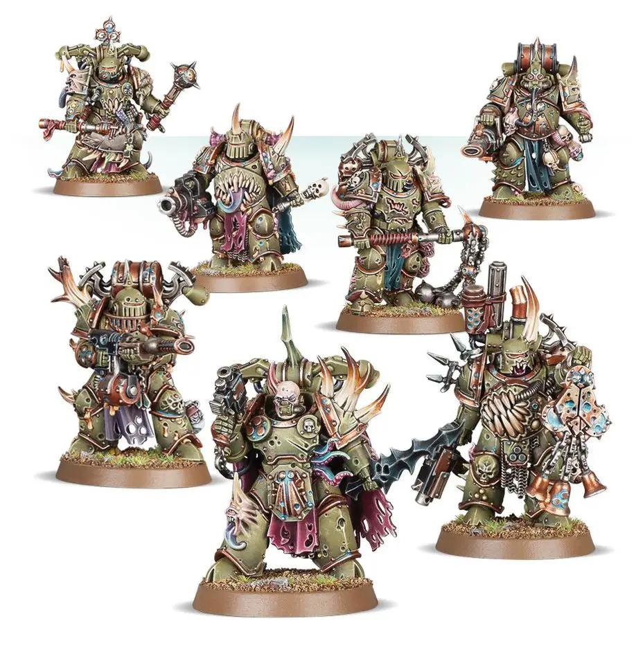 Warhammer 40,000 Death Guard Plague Marines miniatures with green armor, detailed weapons, and plague-themed armor details.