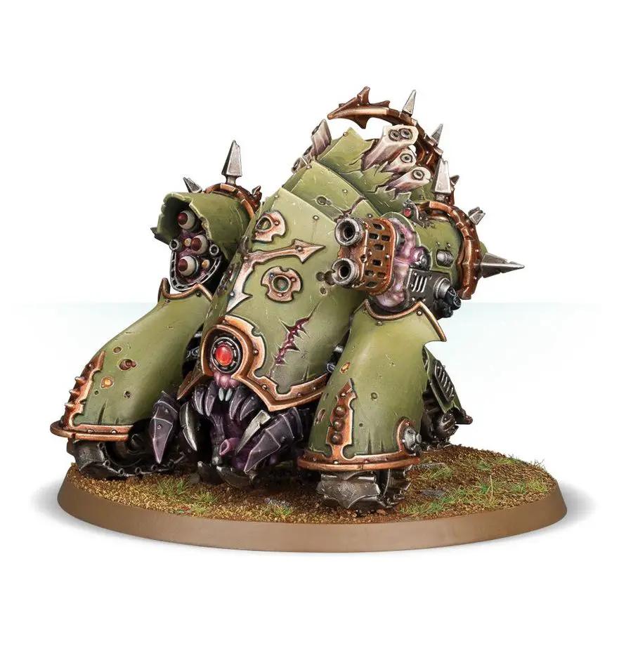 Death Guard Myphitic Blight-hauler miniature from Warhammer 40K, detailed green and metallic chaos vehicle with bio-organic armor.