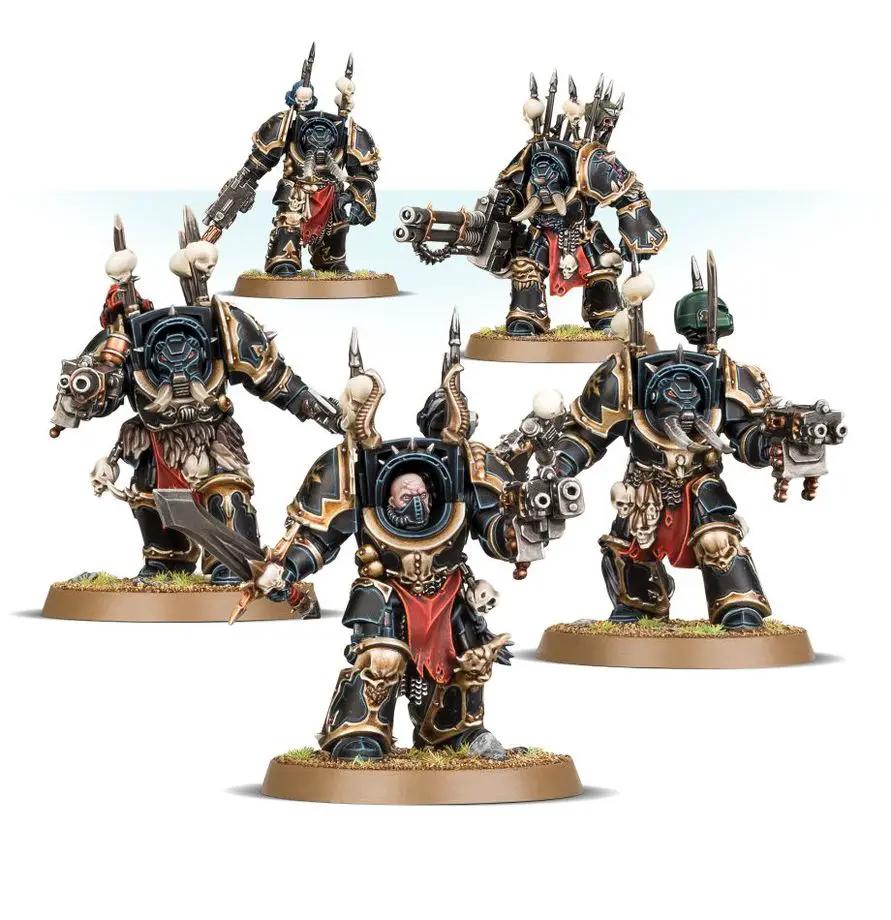 Chaos Terminator Squad from Warhammer 40K by THE MIGHTY HOBBY SHOP, featuring detailed chaos space marines in power armor.