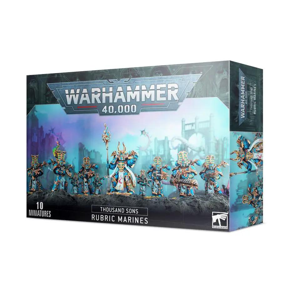 Repainted Thousand Sons Rubric Marines miniature set from THE MIGHTY HOBBY SHOP, featuring detailed figures in blue and gold armor.