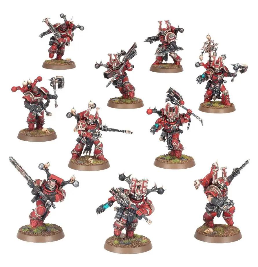 Close-up of Khorne Berzerkers from the World Eaters by THE MIGHTY HOBBY SHOP, showcasing detailed chaos space marine miniatures.