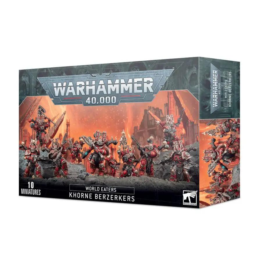 World Eaters Khorne Berzerkers miniatures from THE MIGHTY HOBBY SHOP, detailed close-up of painted chaos space Marines with weapons