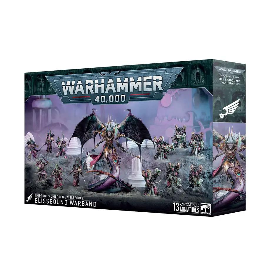 Emperor’s Children Battleforce Blissbound Warband miniatures from Warhammer 40K, featuring detailed models and ornate armor.