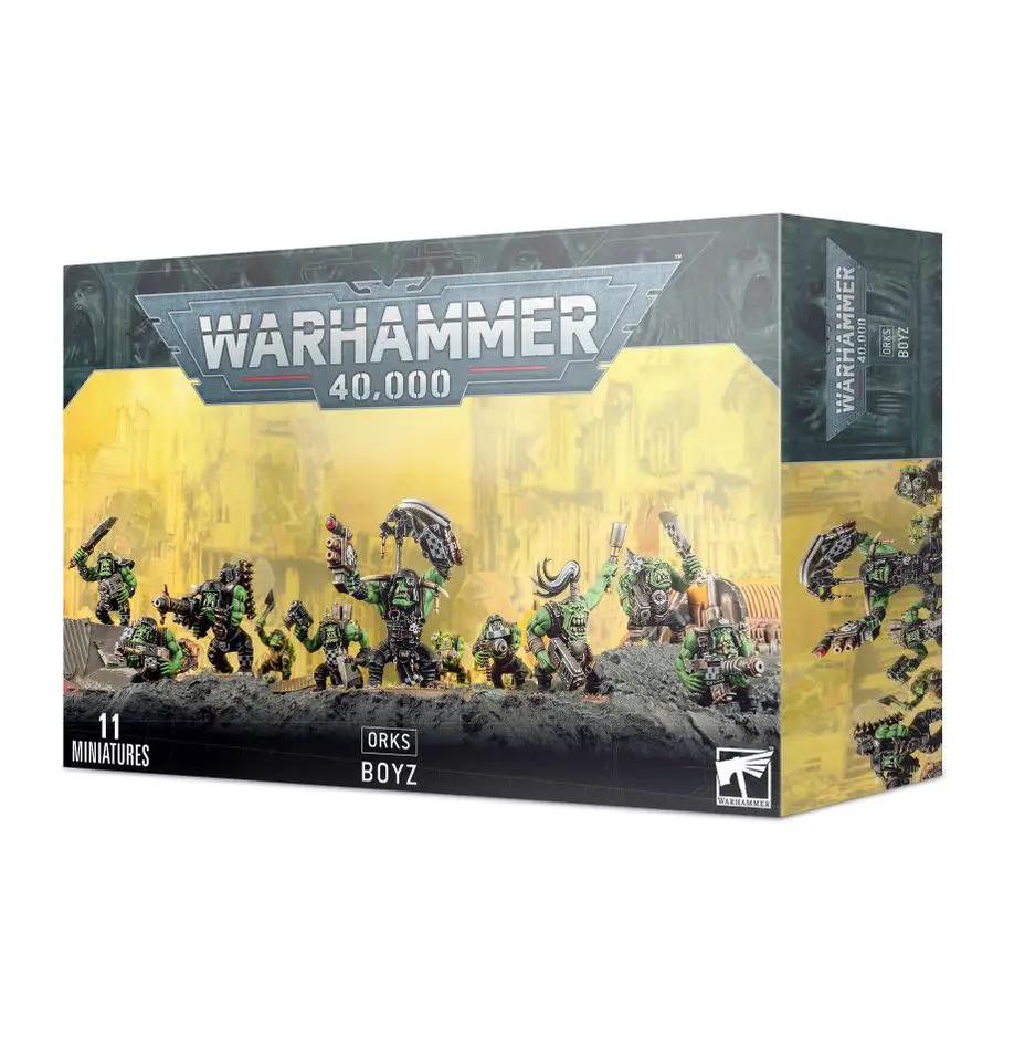Orks Boyz model from Warhammer, detailed green plastic miniatures with weapons, ready for tabletop gaming.