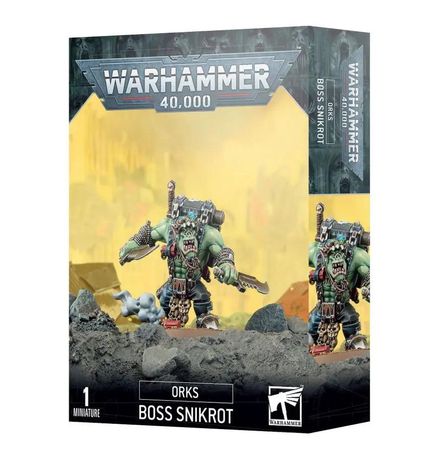 Orks Warhammer 40,000 Boss Snikrot miniature, detailed figure from THE MIGHTY HOBBY SHOP, showcasing the Ork leader with weaponry and gear.