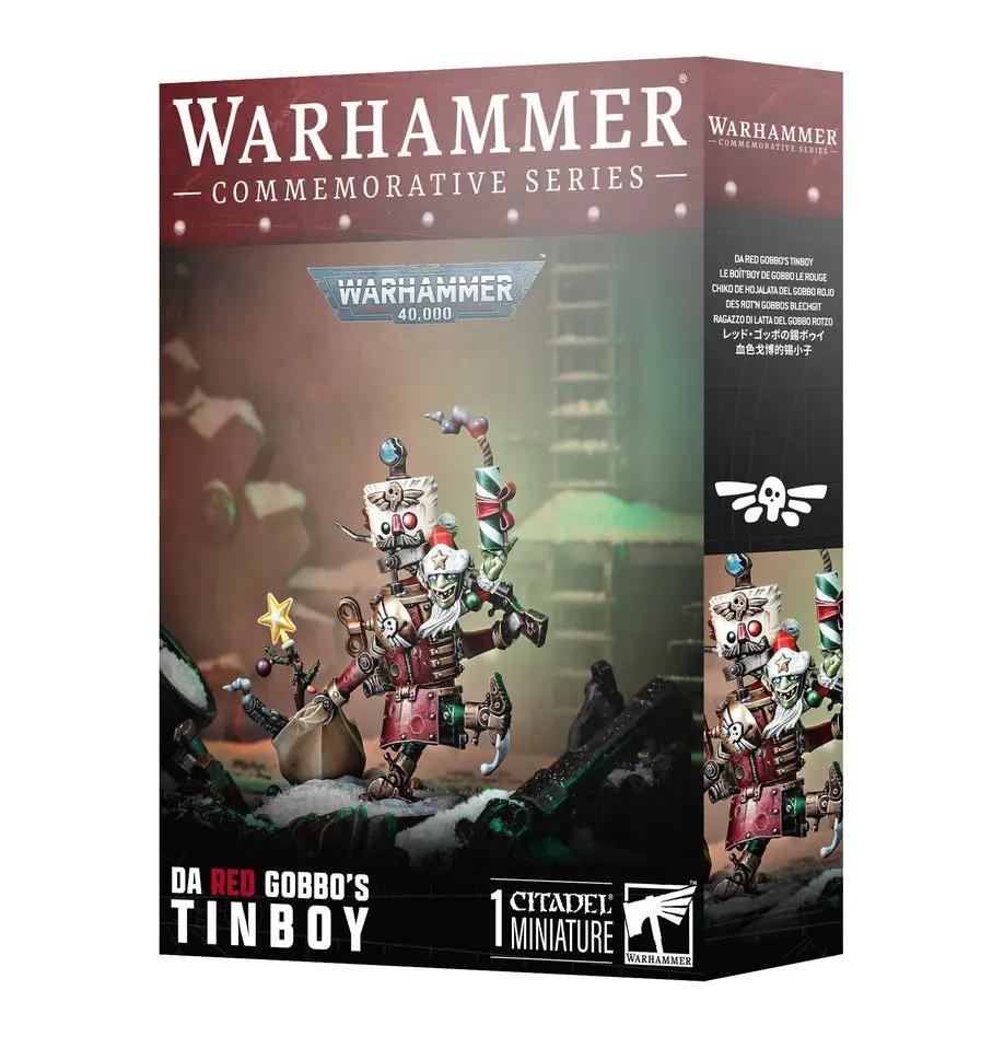 Da Red Gobbo's Tinboy figure by THE MIGHTY HOBBY SHOP, detailed robot toy with red and metallic features, posed on a display stand.
