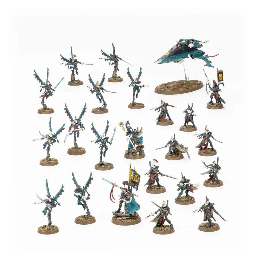 Aeldari Corsairs Eldritch Raiders battleforce miniatures set from Warhammer 40K, featuring alien-inspired models with intricate details.