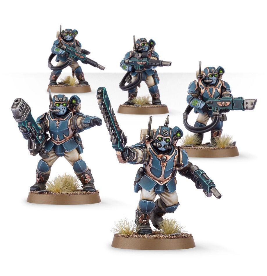 Warhammer 40,000 Tempestus Scions miniatures set with detailed soldiers in futuristic armor.