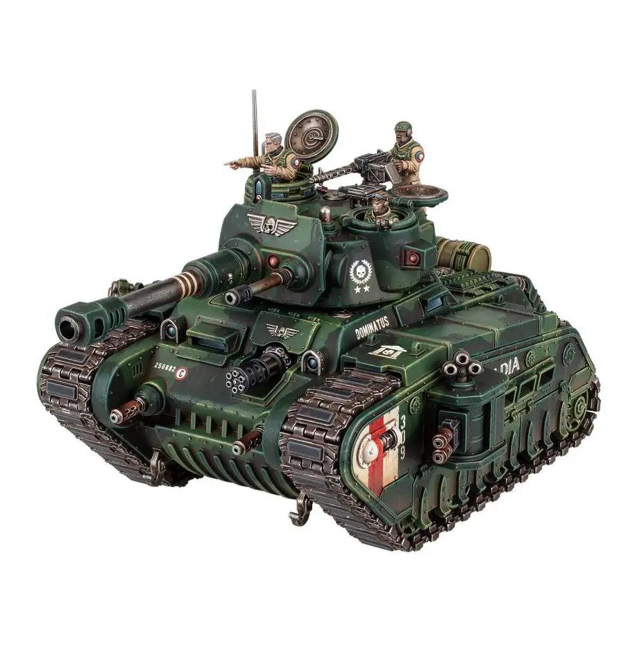 Astra Militarum Rogal Dorn Battle Tank from Warhammer 40K, detailed model with armored exterior and weaponry, on a plain background.
