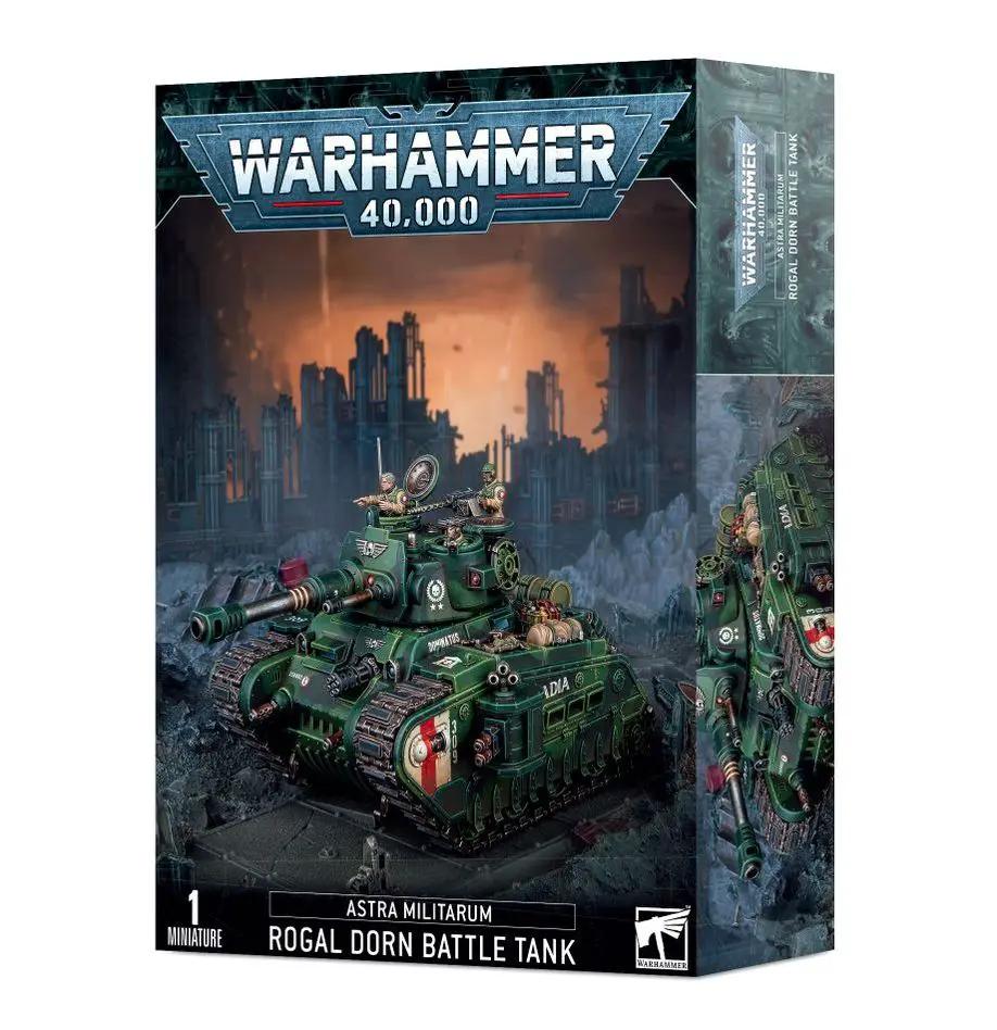 Astra Militarum Rogal Dorn Battle Tank from Warhammer 40K, detailed model with armor and weaponry, on a neutral background.