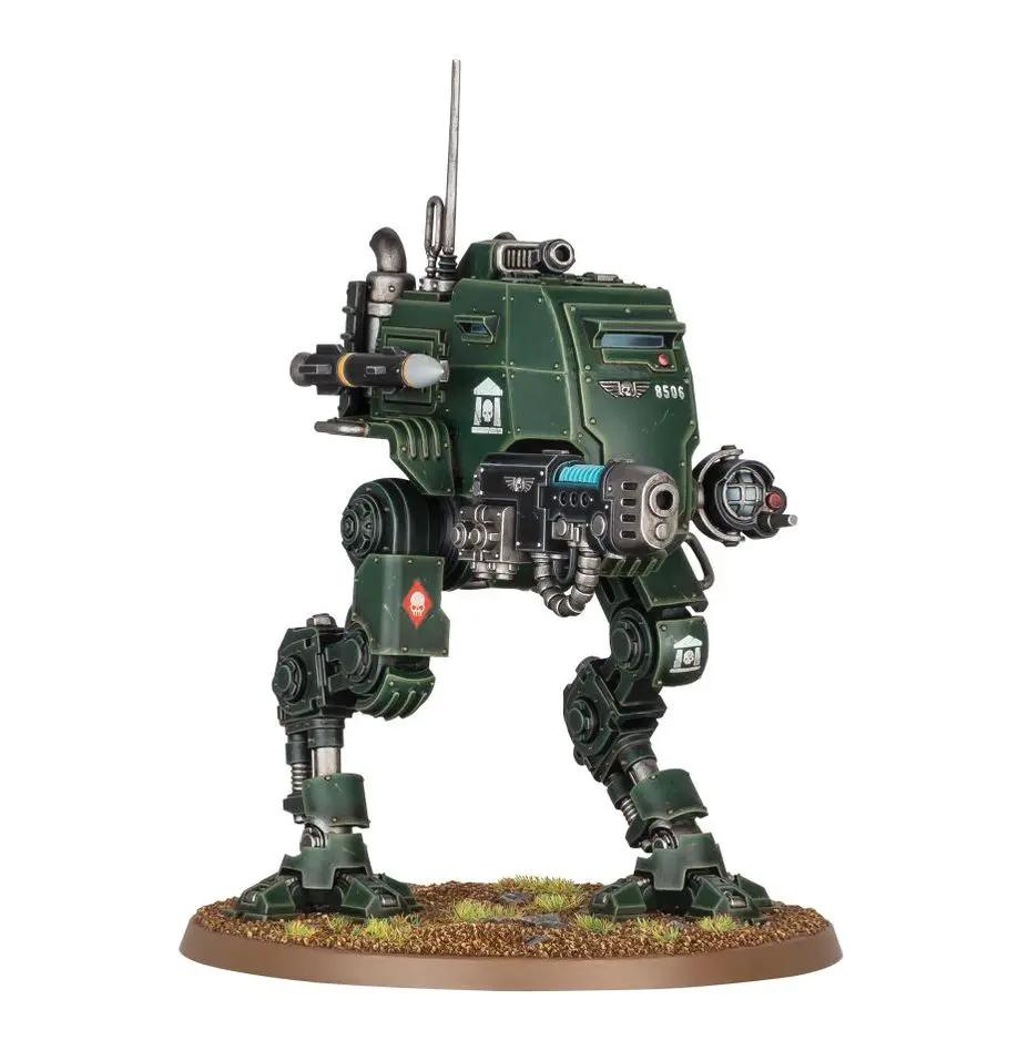 Warhammer 40,000 Astra Militarum Sentinel miniature with armored body, weaponry, and detailed military design from THE MIGHTY HOBBY SHOP