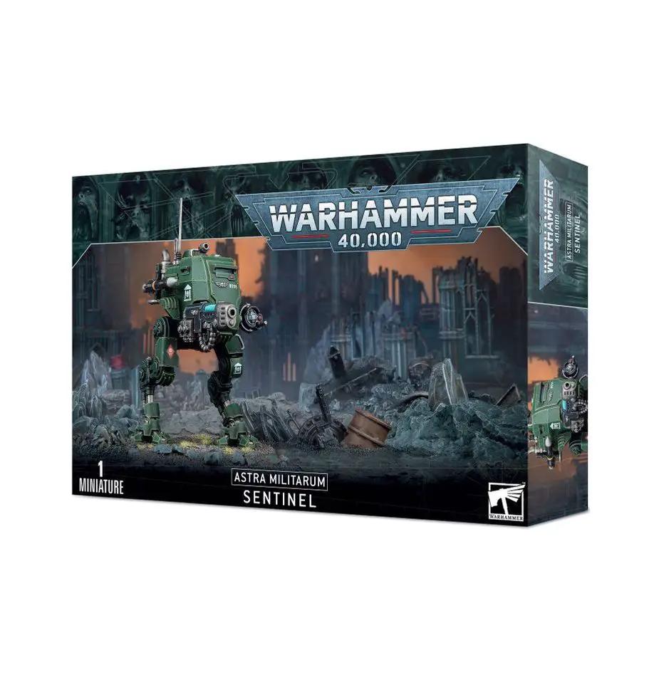 A Warhammer 40,000 Astra Militarum Sentinel model with robotic legs and weaponry, detailed plastic miniature for tabletop gaming.