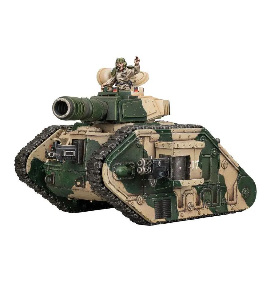 A detailed Astra Militarum Leman Russ Battle Tank model from THE MIGHTY HOBBY SHOP, featuring military green paint and intricate armor details.