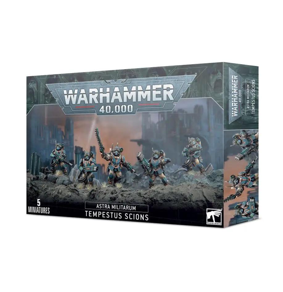 Warhammer 40,000 Tempestus Scions miniatures set by THE MIGHTY HOBBY SHOP with detailed soldier figures on display.