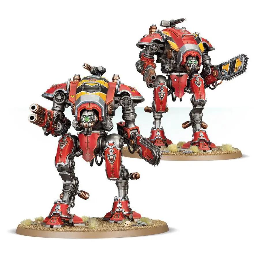 Imperial Knights: Knight Armigers model from THE MIGHTY HOBBY SHOP, showing detailed armored robot with weapons and intricate design.