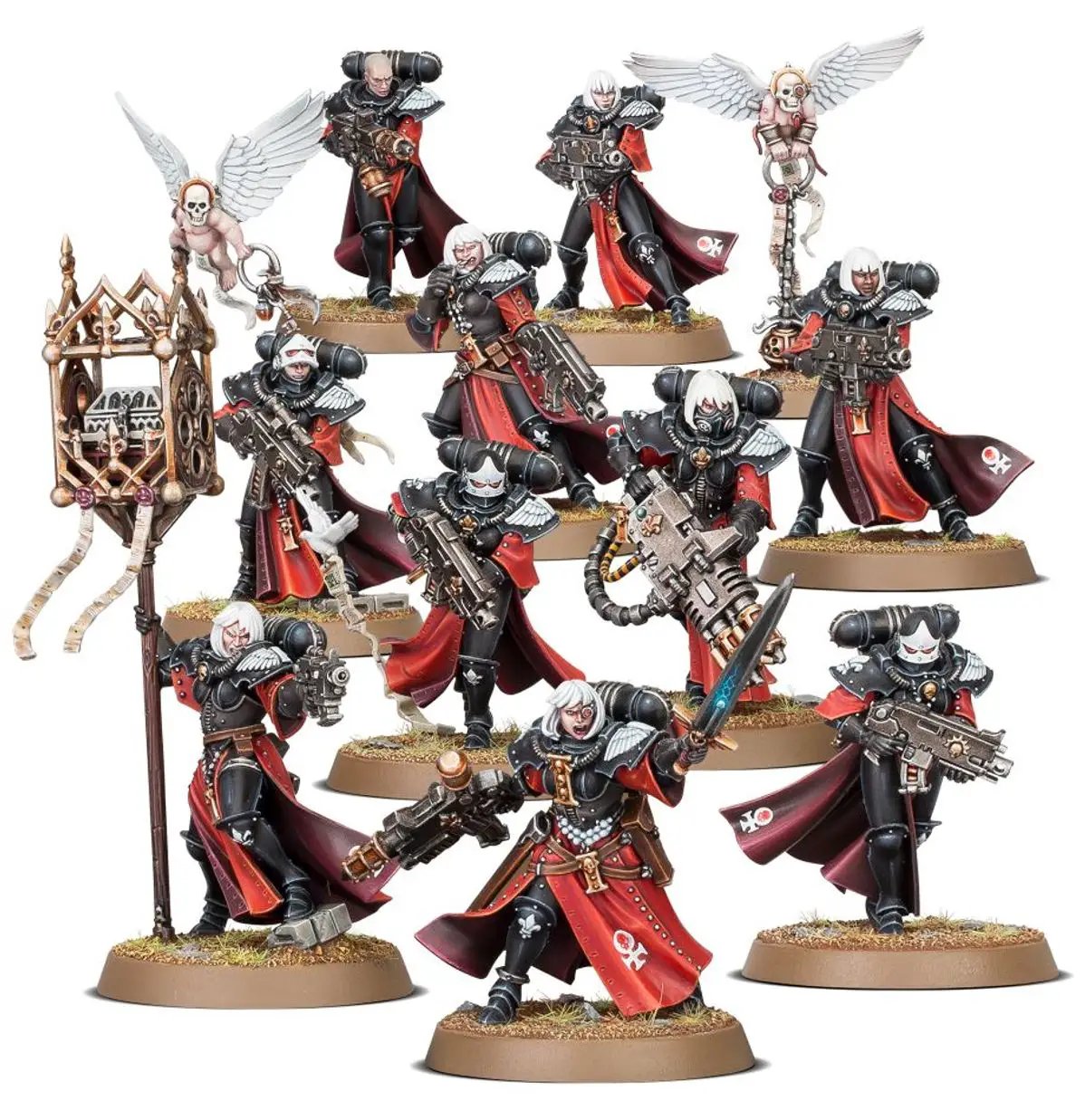 Warhammer Adepta Sororitas Battle Sisters Squad miniatures, detailed plastic figures with armor and weapons for tabletop gaming.