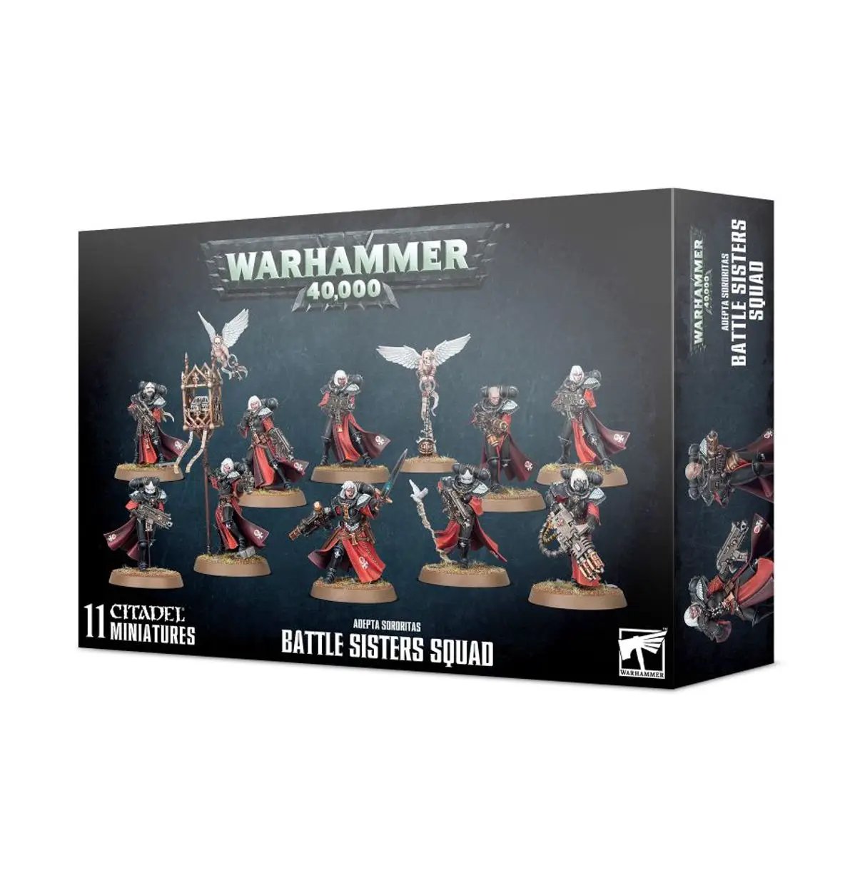 Warhammer Adepta Sororitas Battle Sisters Squad plastic miniatures in a box, ready for tabletop gaming and painting.