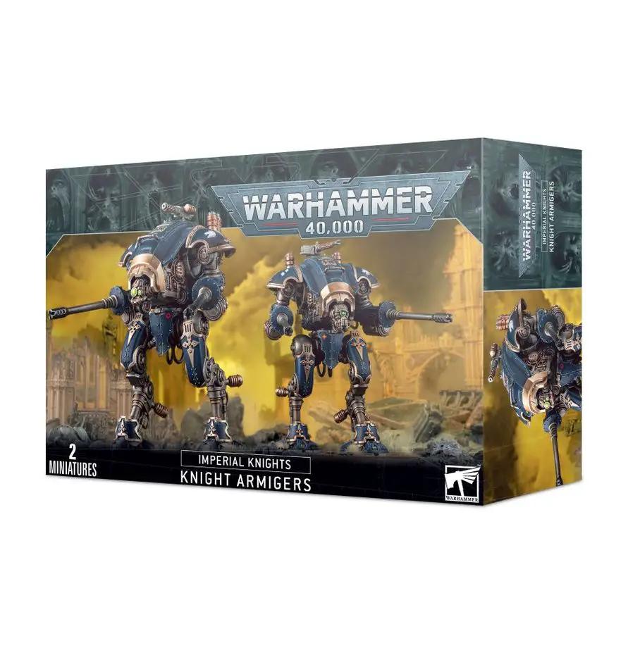 Imperial Knights Knight Armigers model from THE MIGHTY HOBBY SHOP, featuring detailed armor and weaponry on a gaming miniature figure.