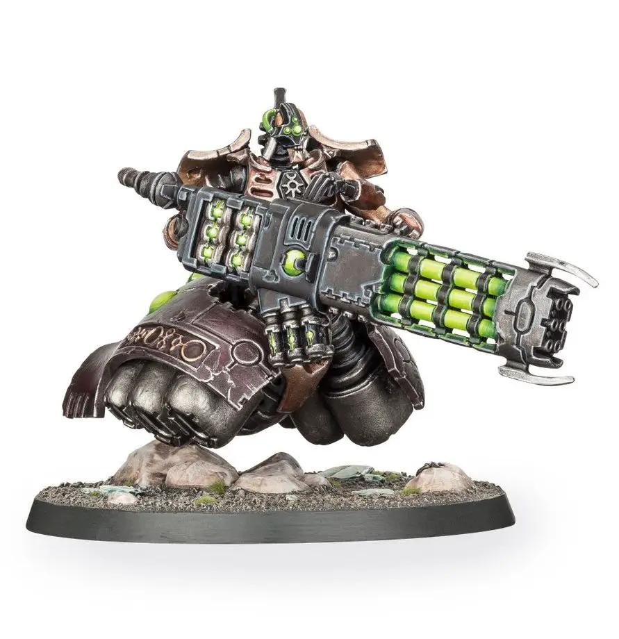 Necrons Lokhust Heavy Destroyer model from Warhammer 40K, detailed metallic robotic warrior with glowing green accents.