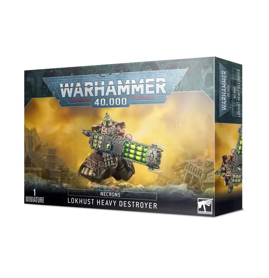 Necrons Lokhust Heavy Destroyer model from THE MIGHTY HOBBY SHOP, detailed sci-fi tabletop miniature with weaponry and robotic design.