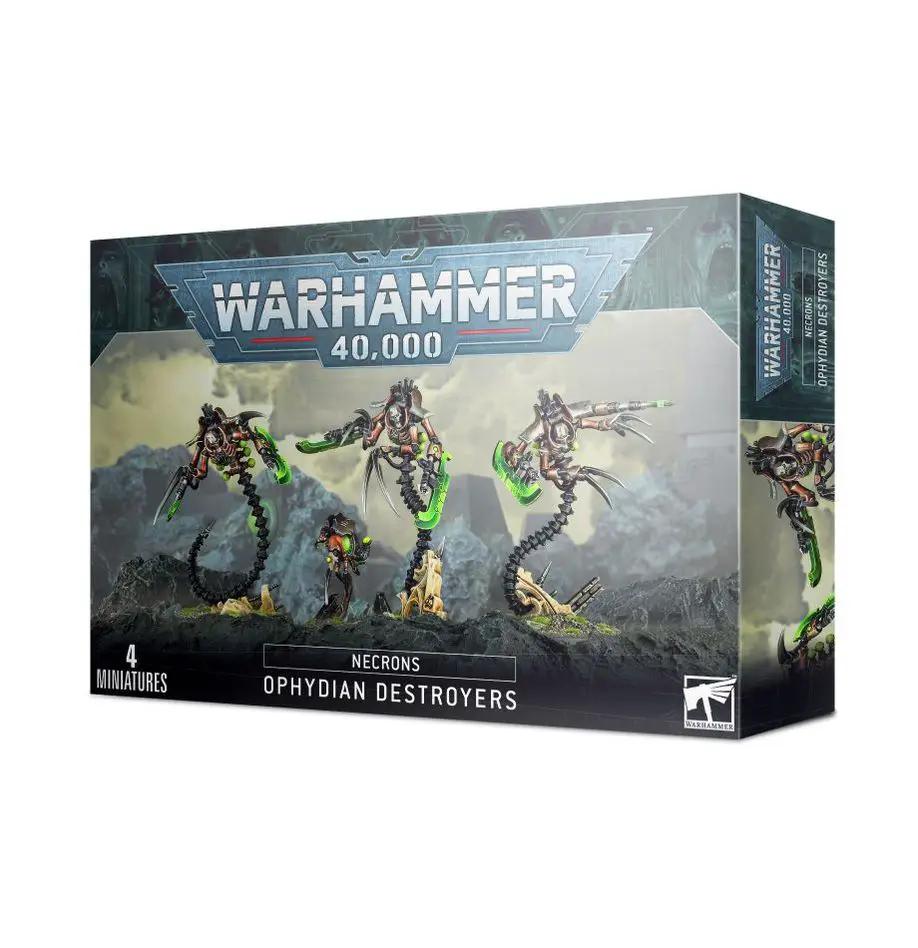 Necrons Ophydian Destroyers from Warhammer 40,000, detailed miniature models in dark metallic armor with glowing green accents.