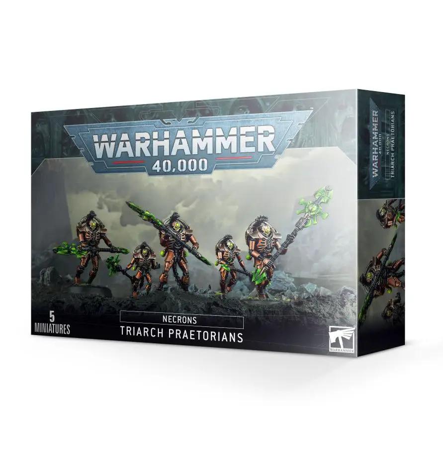 Necrons Triarch Praetorians from Warhammer 40,000, detailed plastic miniatures with weaponry, ready for tabletop gaming.