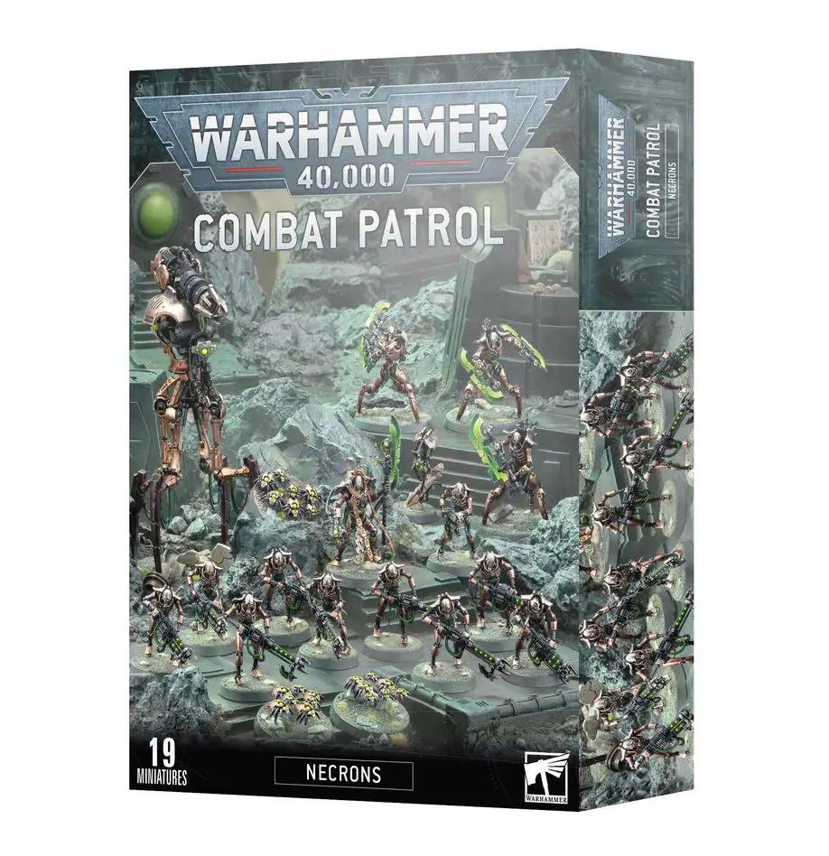 Necrons Combat Patrol miniatures set from Warhammer 40,000, featuring detailed robotic figures in green and metallic colors.