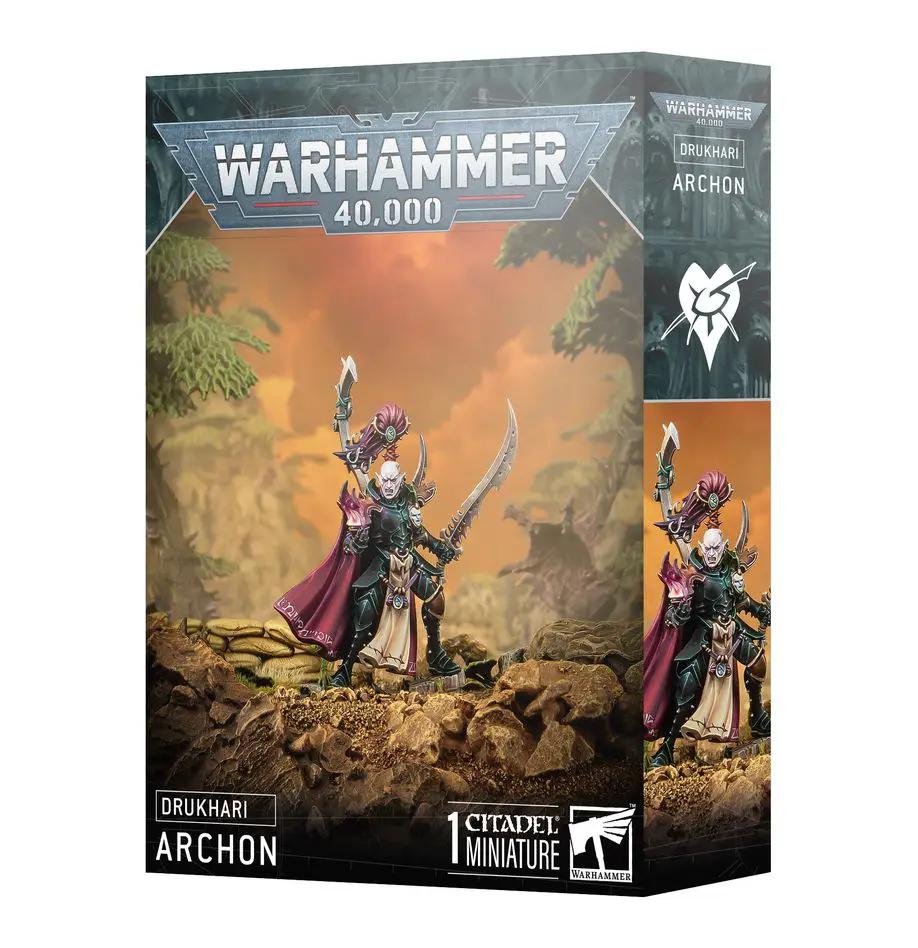 Drukhari Archon miniature from Warhammer 40K, detailed plastic model with ornate armor and weaponry, part of the Drukhari faction.